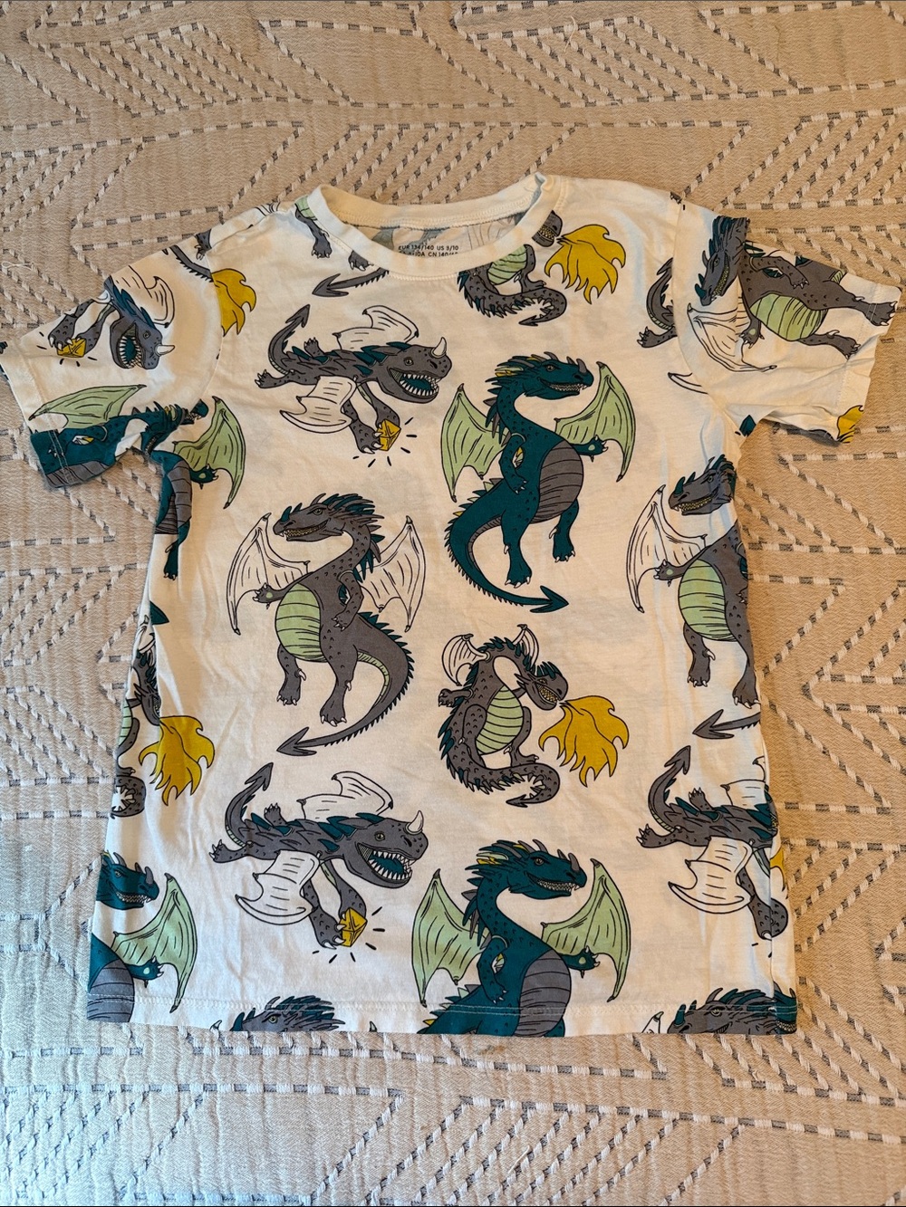 H&M White Tee with Green, Yellow & Teal Dragon Print